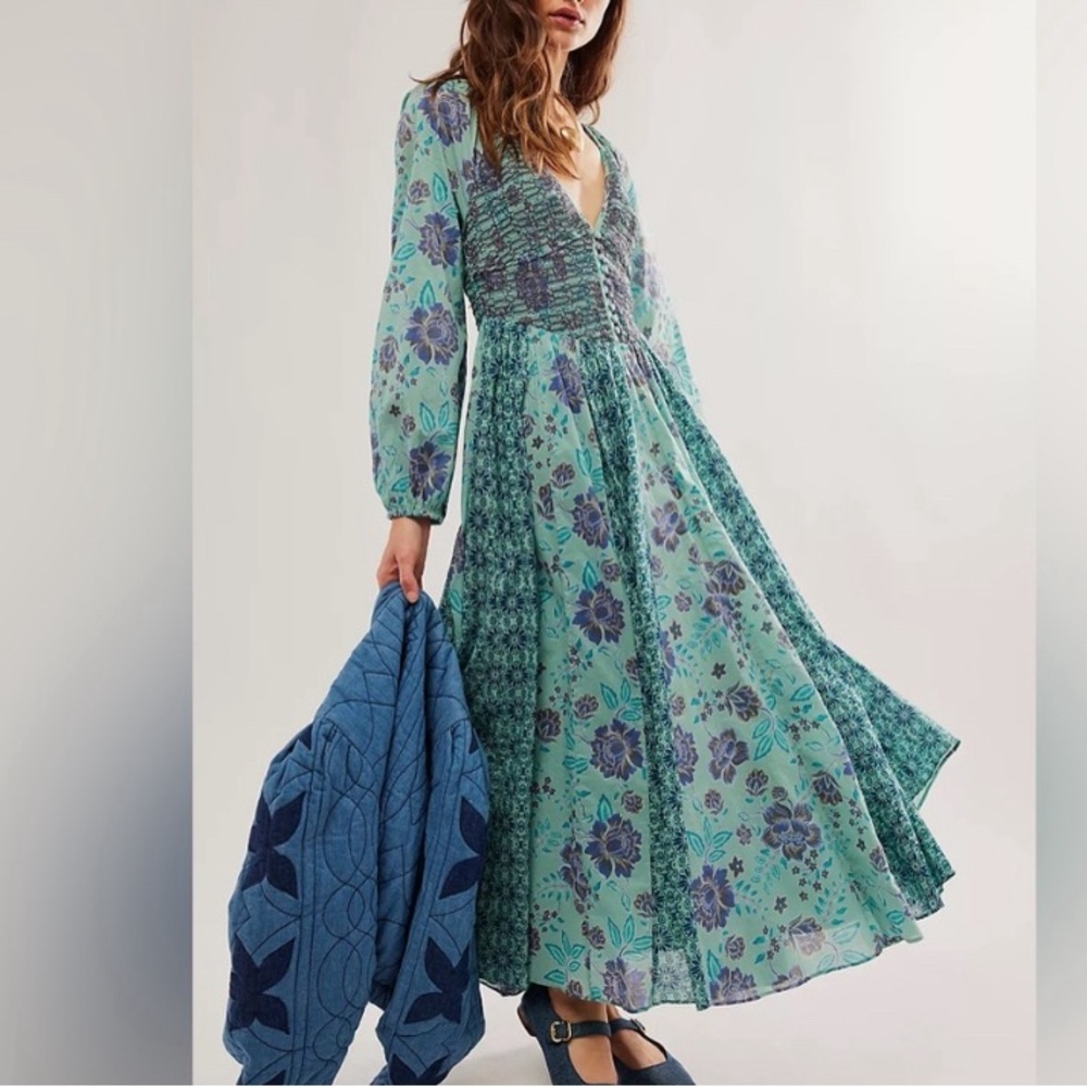 Free People Floral Maxi Dress in Teal and Blue